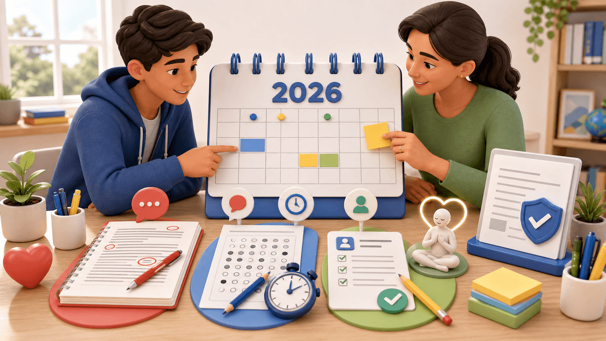 Ilustração editorial com redação, simulado e inscrição para ENEM 2026: como transformar calendário em rotina familiar.