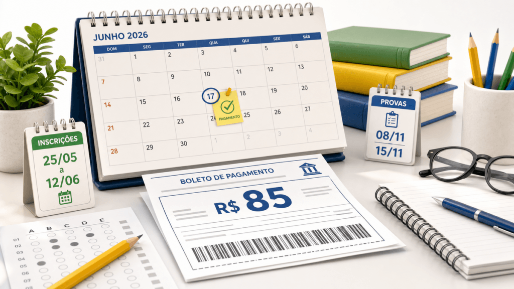 Ilustração editorial com taxa, boleto e calendário para Enem 2026: pagamento da taxa termina em 17 de junho.