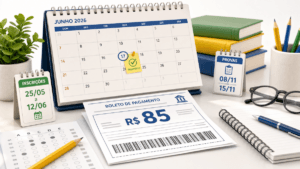 Ilustração editorial com taxa, boleto e calendário para Enem 2026: pagamento da taxa termina em 17 de junho.