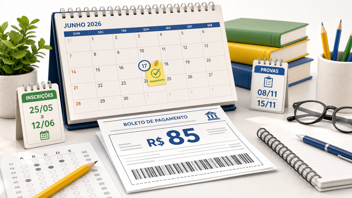Ilustração editorial com taxa, boleto e calendário para Enem 2026: pagamento da taxa termina em 17 de junho.
