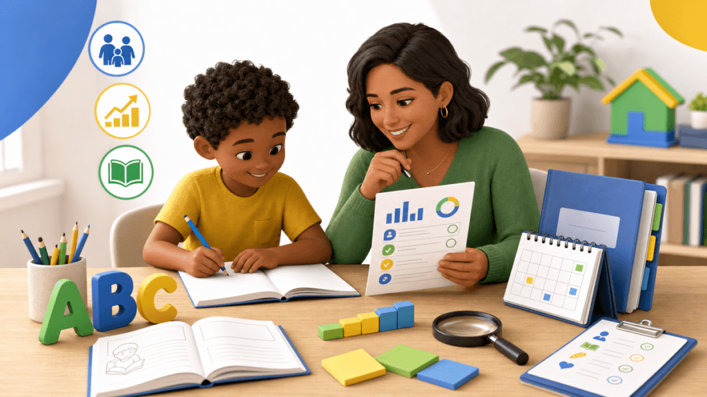 Ilustração editorial com alfabetização, avaliação e família para Saeb alfabetização: por que a avaliação importa para famílias.