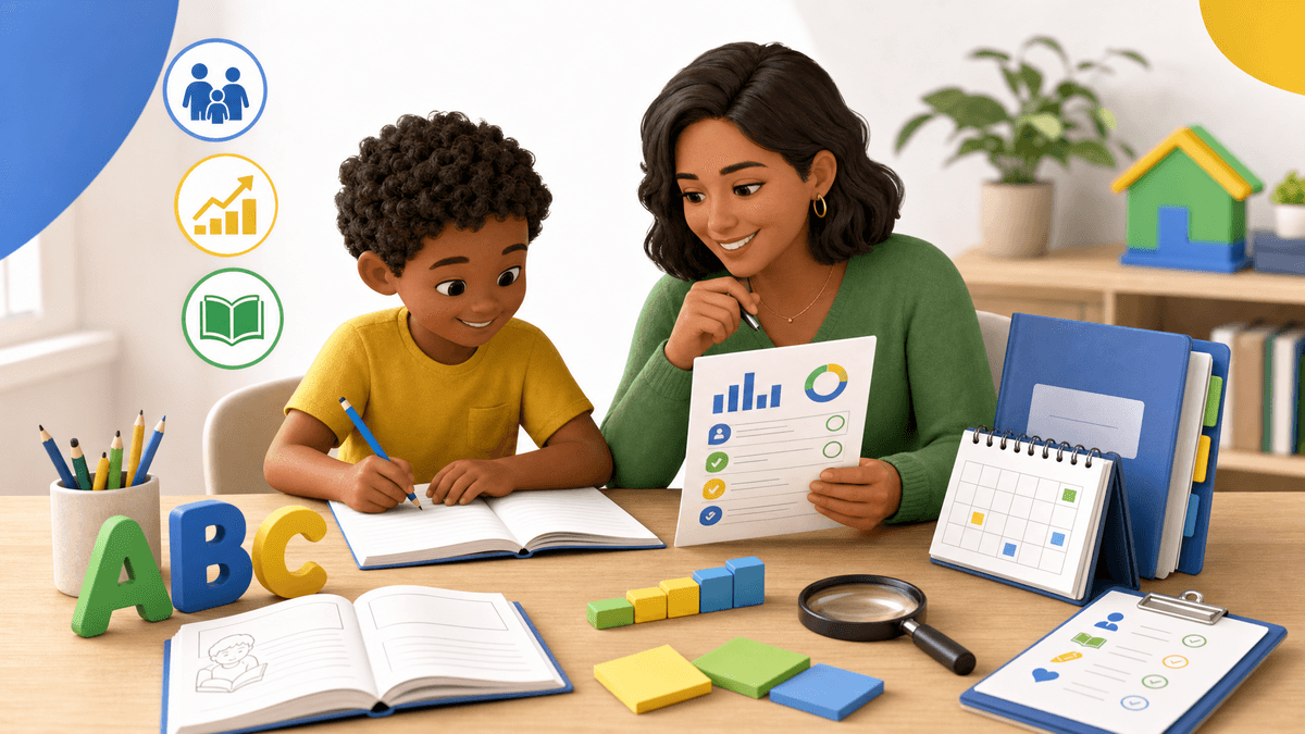 Ilustração editorial com alfabetização, avaliação e família para Saeb alfabetização: por que a avaliação importa para famílias.